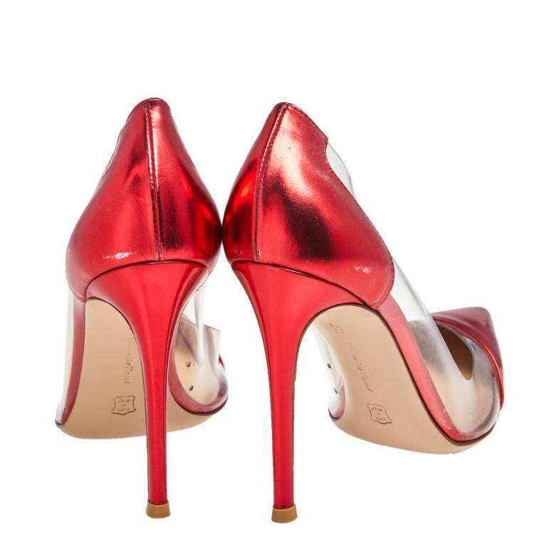 Pre Owned Gianvito Rossi Red Metallic Leather and PVC Plexi Pumps Size 37.5