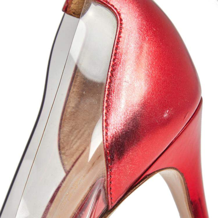 Pre Owned Gianvito Rossi Red Metallic Leather and PVC Plexi Pumps Size 37.5