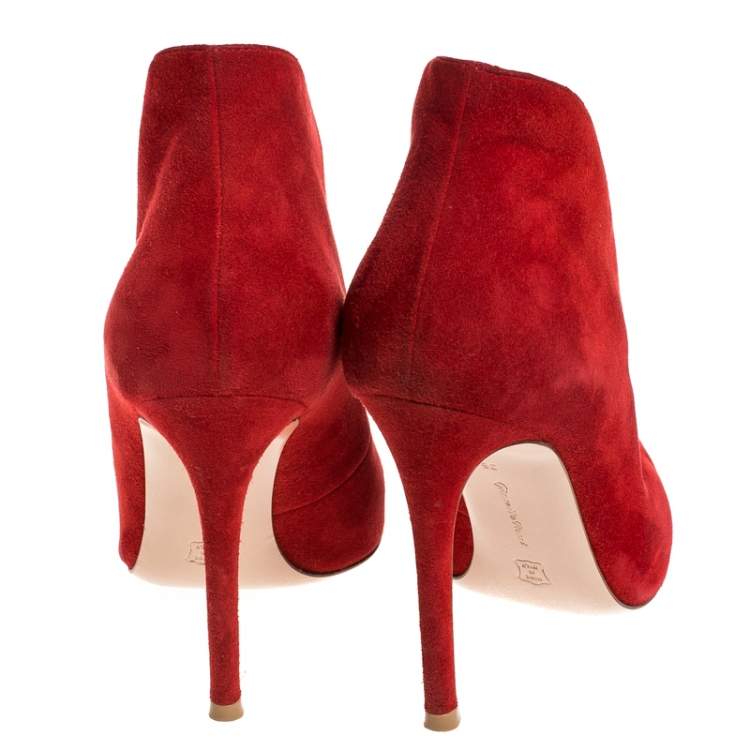 Pre Owned Gianvito Rossi Red Suede Vamp Peep Toe Booties Size 35