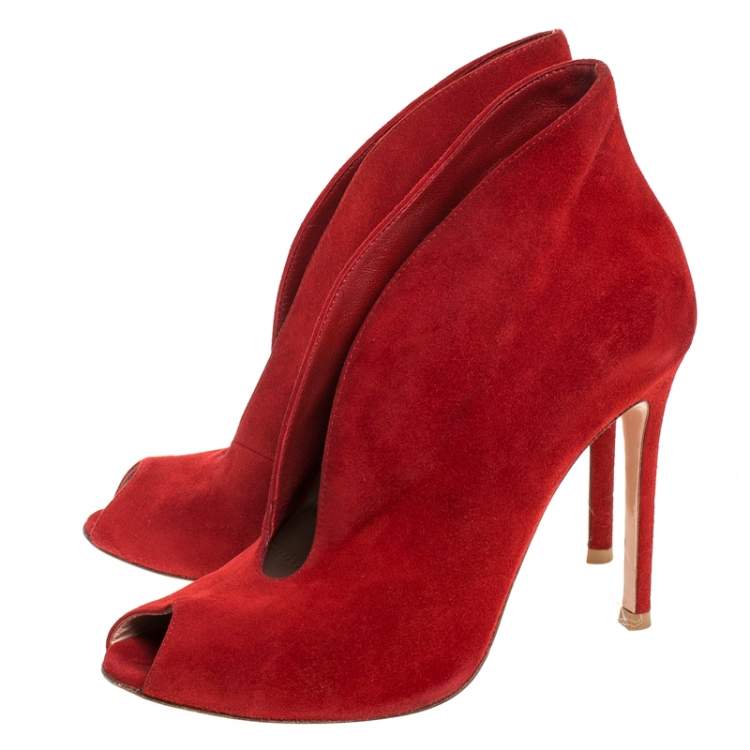 Pre Owned Gianvito Rossi Red Suede Vamp Peep Toe Booties Size 35