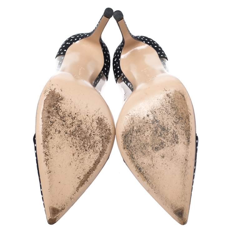 Pre Owned Gianvito Rossi Black Polka Dot Satin And PVC Plexi Pointed Toe Pumps Size 38.5