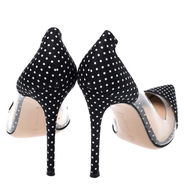 Pre Owned Gianvito Rossi Black Polka Dot Satin And PVC Plexi Pointed Toe Pumps Size 38.5