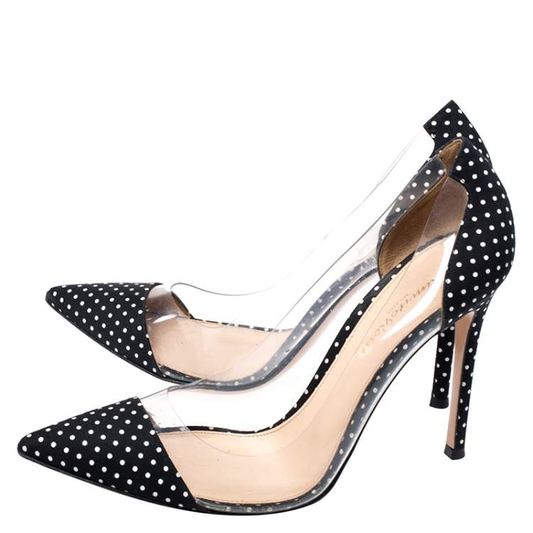 Pre Owned Gianvito Rossi Black Polka Dot Satin And PVC Plexi Pointed Toe Pumps Size 38.5