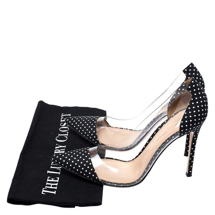 Pre Owned Gianvito Rossi Black Polka Dot Satin And PVC Plexi Pointed Toe Pumps Size 38.5