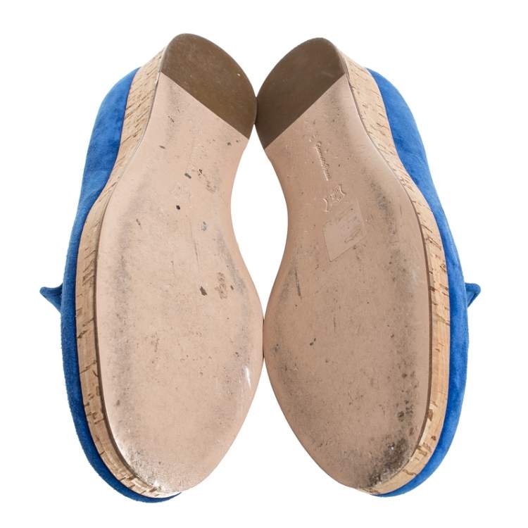 Pre Owned Gianvito Rossi Blue Suede Cork Platform Flat Loafers Size 39