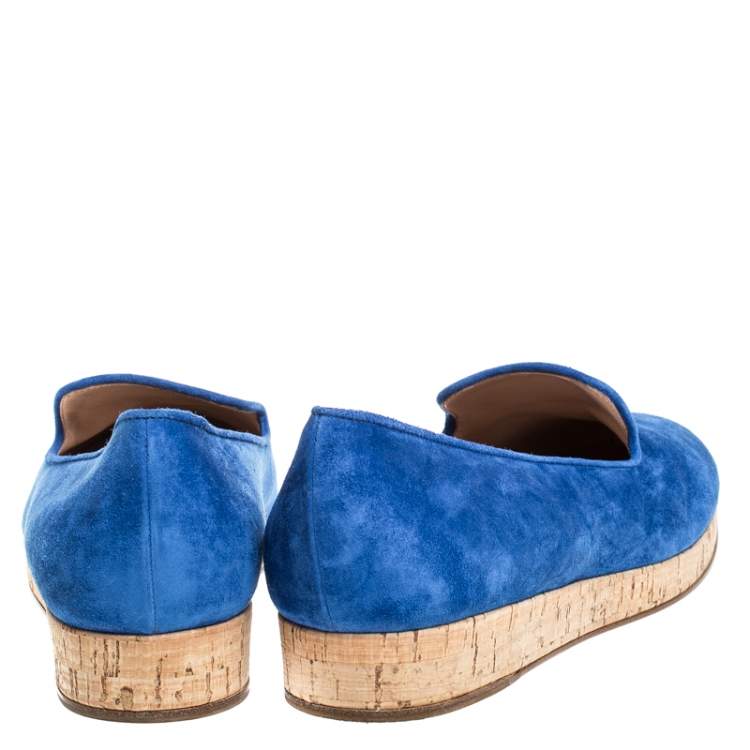 Pre Owned Gianvito Rossi Blue Suede Cork Platform Flat Loafers Size 39