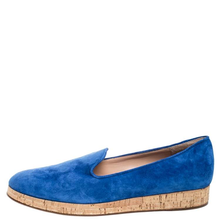 Pre Owned Gianvito Rossi Blue Suede Cork Platform Flat Loafers Size 39