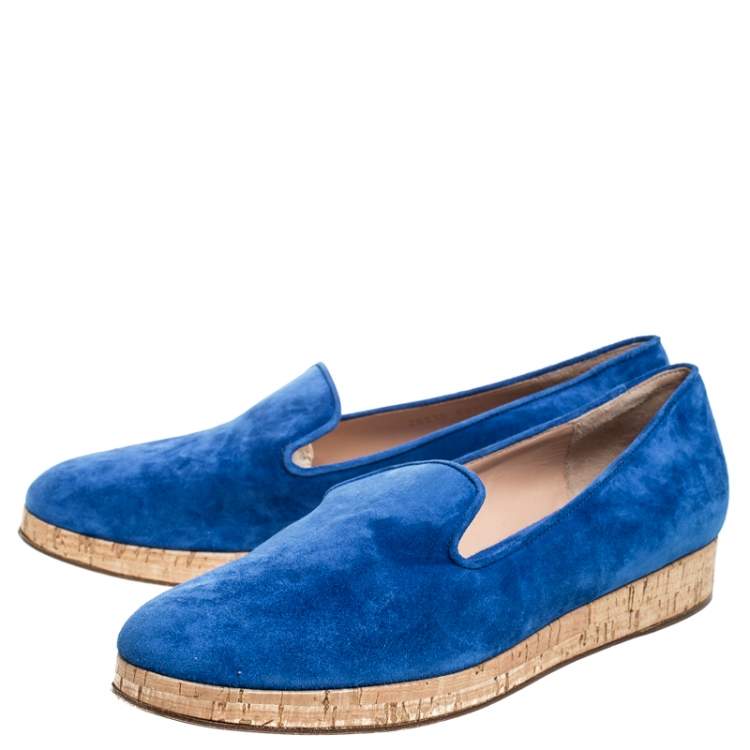 Pre Owned Gianvito Rossi Blue Suede Cork Platform Flat Loafers Size 39