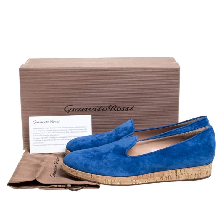 Pre Owned Gianvito Rossi Blue Suede Cork Platform Flat Loafers Size 39