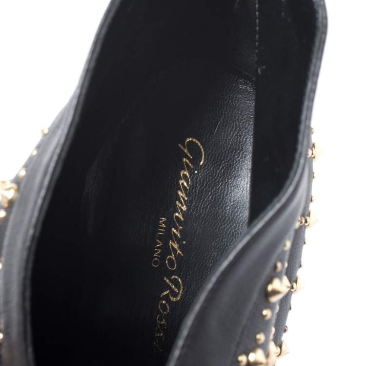Pre Owned Gianvito Rossi Black Leather Studded Ankle Boots Size 37.5