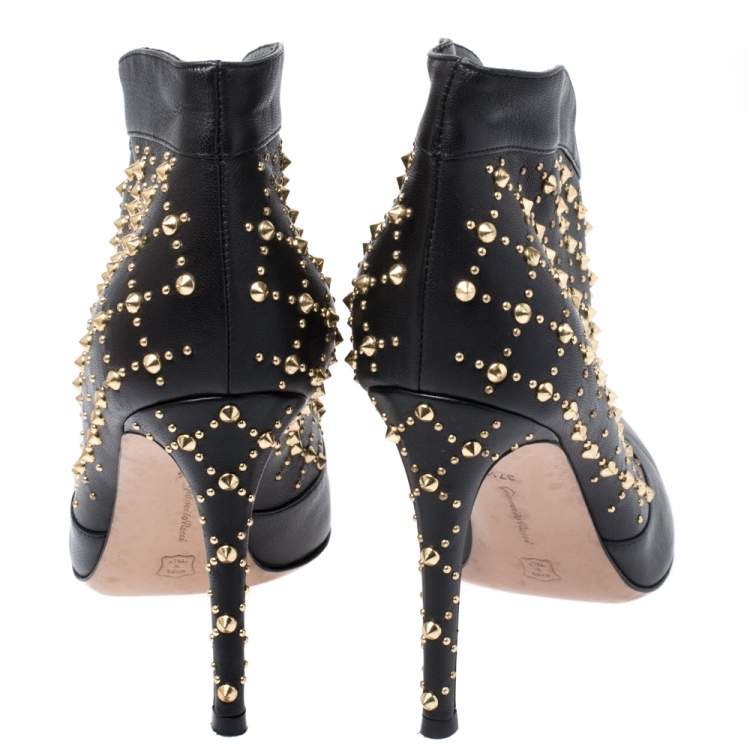 Pre Owned Gianvito Rossi Black Leather Studded Ankle Boots Size 37.5