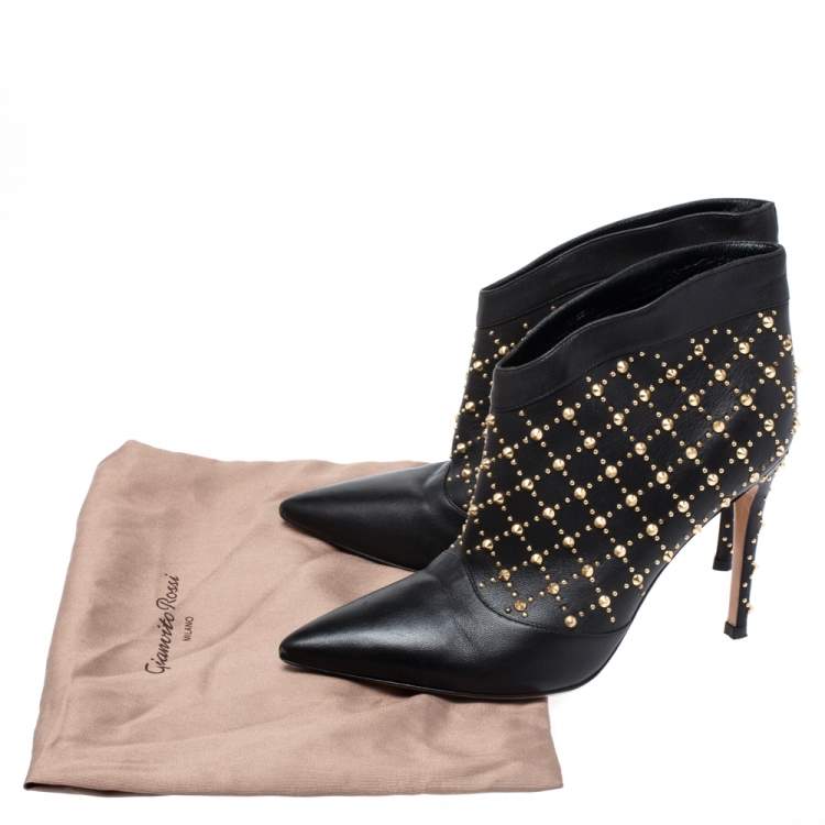 Pre Owned Gianvito Rossi Black Leather Studded Ankle Boots Size 37.5