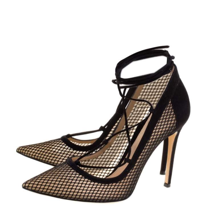 Pre Owned Gianvito Rossi Black Suede And Mesh Lace Up Pointed Toe Pumps Size 38.5