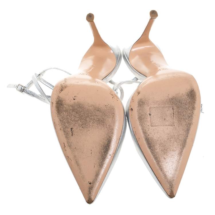 Pre Owned Gianvito Rossi Silver Leather Pointed Toe Ankle Strap Sandals Size 39