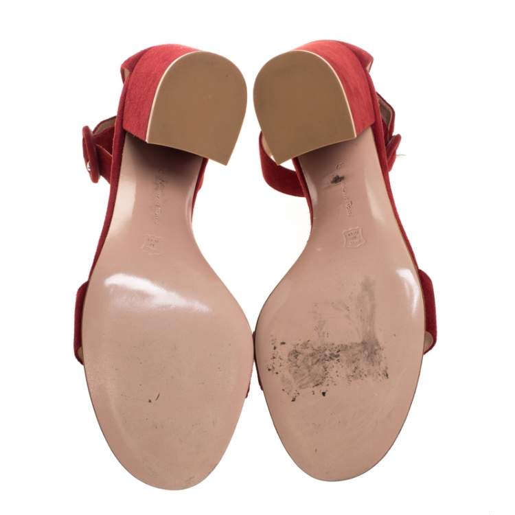 Pre Owned Gianvito Rossi Red Suede Leather Versilia Ankle Strap Sandals Size 37