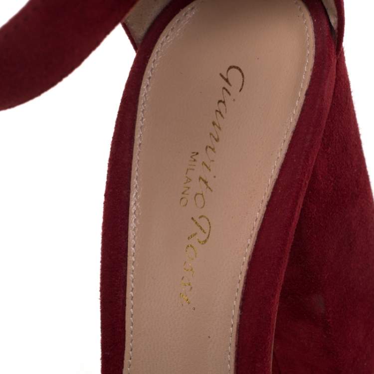 Pre Owned Gianvito Rossi Red Suede Leather Versilia Ankle Strap Sandals Size 37