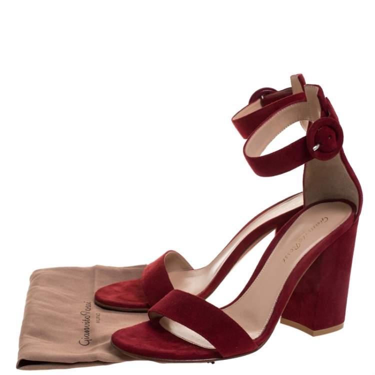 Pre Owned Gianvito Rossi Red Suede Leather Versilia Ankle Strap Sandals Size 37