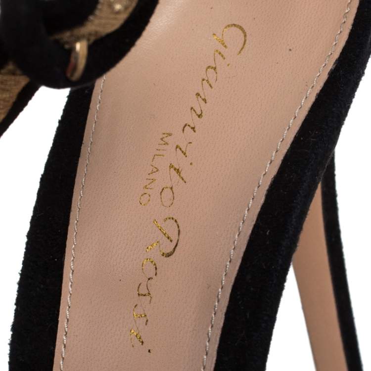 Pre Owned Gianvito Rossi Black Emboidered Suede Portofino Ankle Strap Open Toe Sandals Size 37