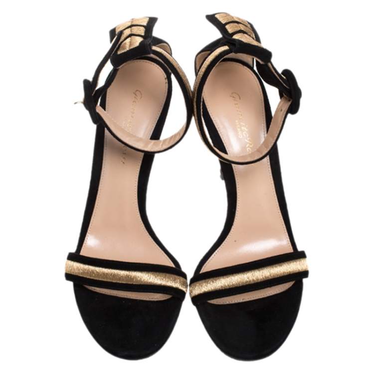 Pre Owned Gianvito Rossi Black Emboidered Suede Portofino Ankle Strap Open Toe Sandals Size 37