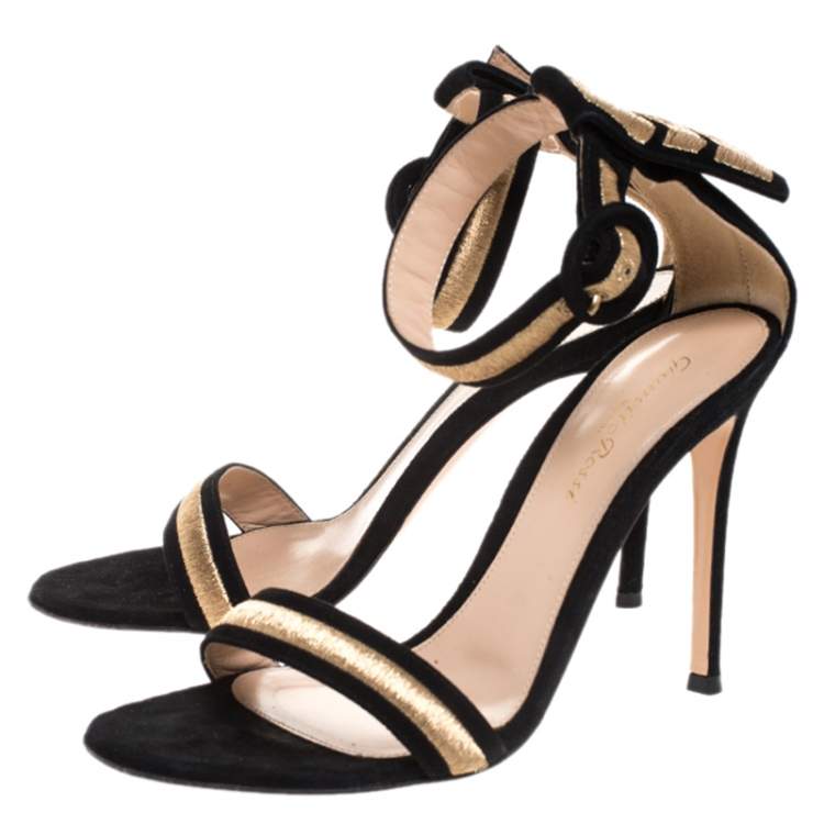 Pre Owned Gianvito Rossi Black Emboidered Suede Portofino Ankle Strap Open Toe Sandals Size 37