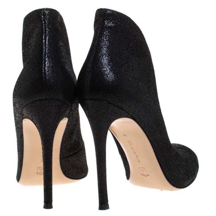 Pre Owned Gianvito Rossi Black Glitter Suede Vamp Peep Toe Booties Size 38