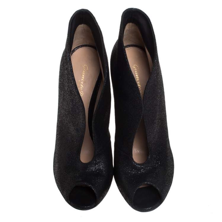 Pre Owned Gianvito Rossi Black Glitter Suede Vamp Peep Toe Booties Size 38