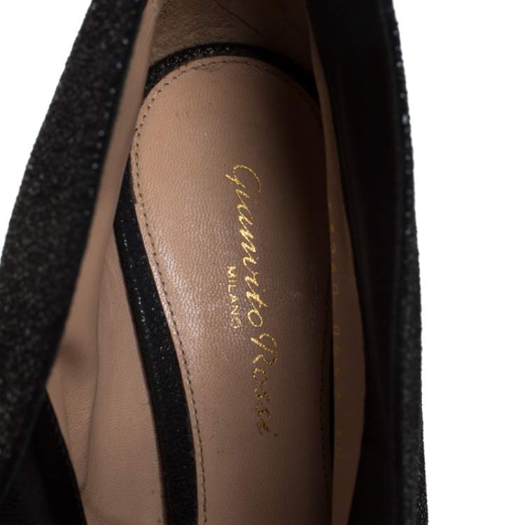 Pre Owned Gianvito Rossi Black Glitter Suede Vamp Peep Toe Booties Size 38