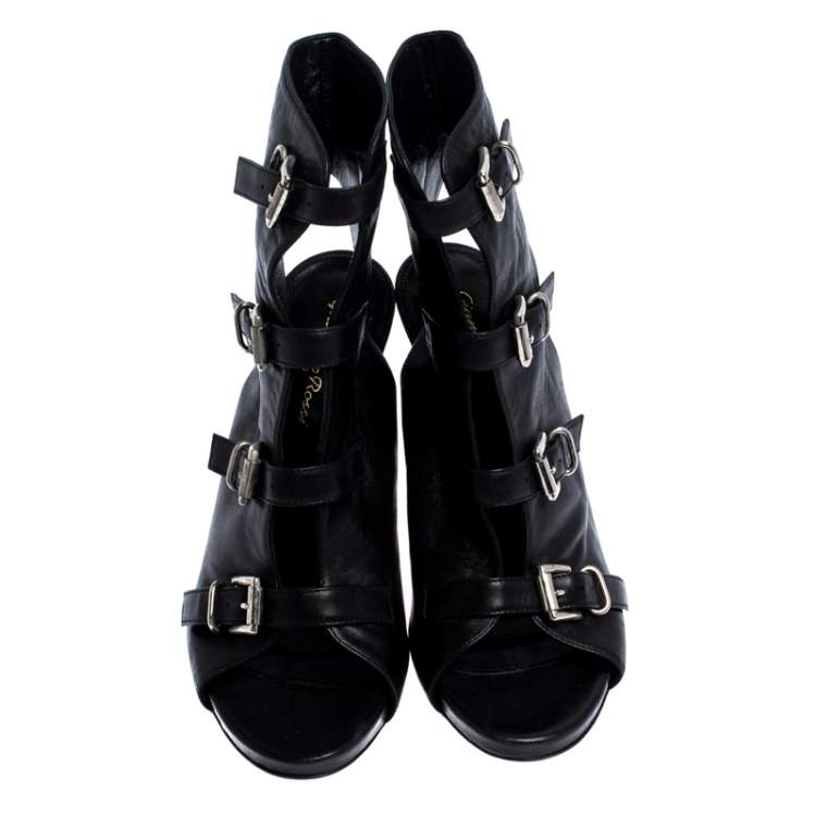 Pre Owned Gianvito Rossi Black Leather Open Toe Cut Out Ankle Booties Size 38