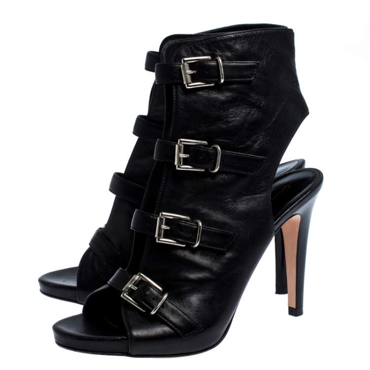 Pre Owned Gianvito Rossi Black Leather Open Toe Cut Out Ankle Booties Size 38