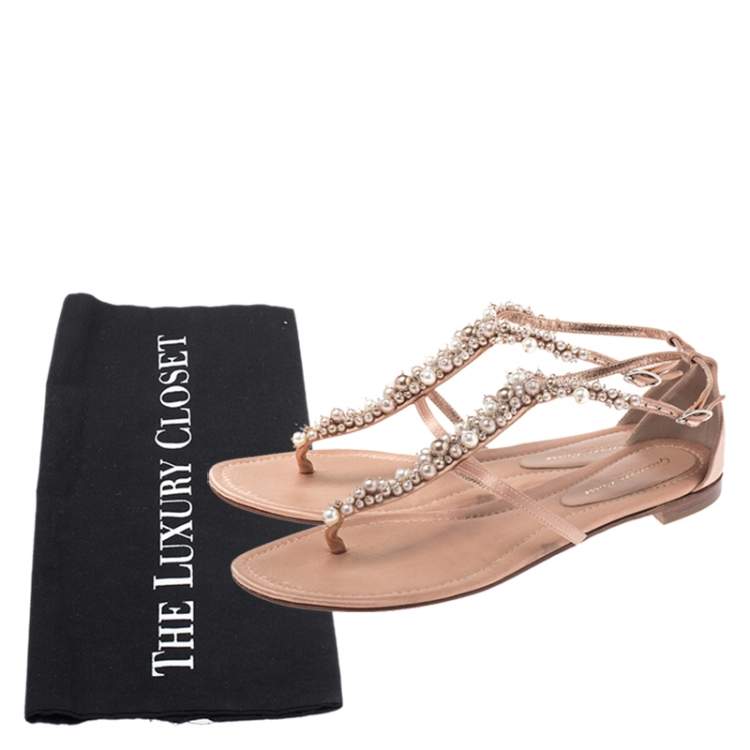 Pre Owned Gianvito Rossi Beige Satin Beaded Thong Ankle Strap Flats Size 38.5