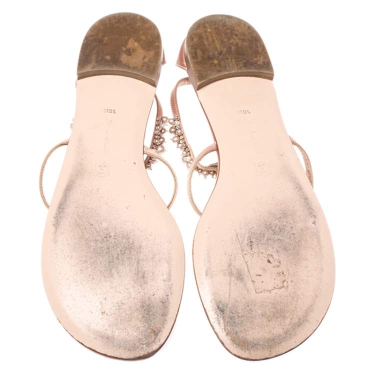 Pre Owned Gianvito Rossi Beige Satin Beaded Thong Ankle Strap Flats Size 38.5