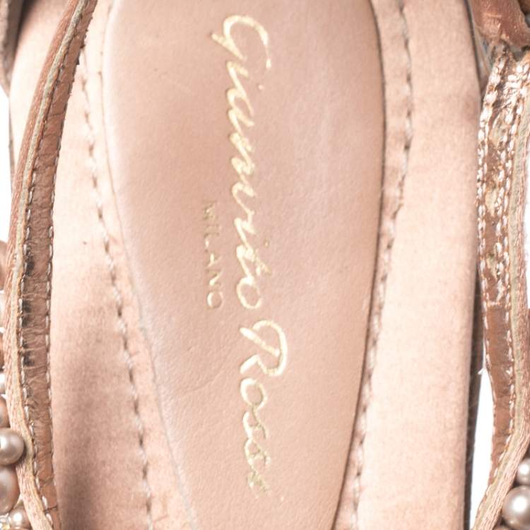 Pre Owned Gianvito Rossi Beige Satin Beaded Thong Ankle Strap Flats Size 38.5