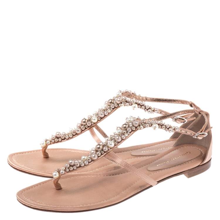 Pre Owned Gianvito Rossi Beige Satin Beaded Thong Ankle Strap Flats Size 38.5