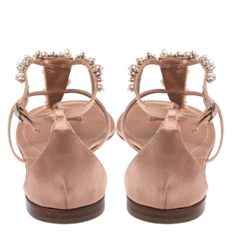 Pre Owned Gianvito Rossi Beige Satin Beaded Thong Ankle Strap Flats Size 38.5