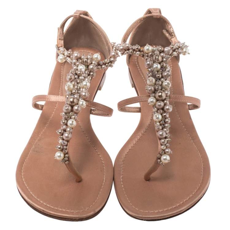 Pre Owned Gianvito Rossi Beige Satin Beaded Thong Ankle Strap Flats Size 38.5