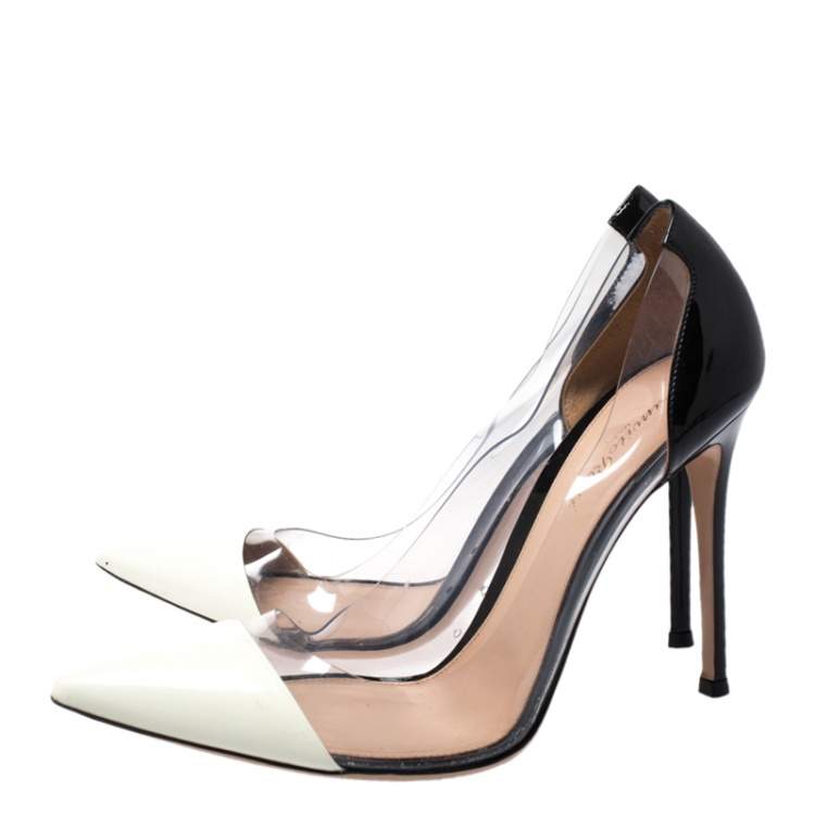 Pre Owned Gianvito Rossi Black/White Patent Leather and  PVC Plexi Pointed Toe Pump Size 40
