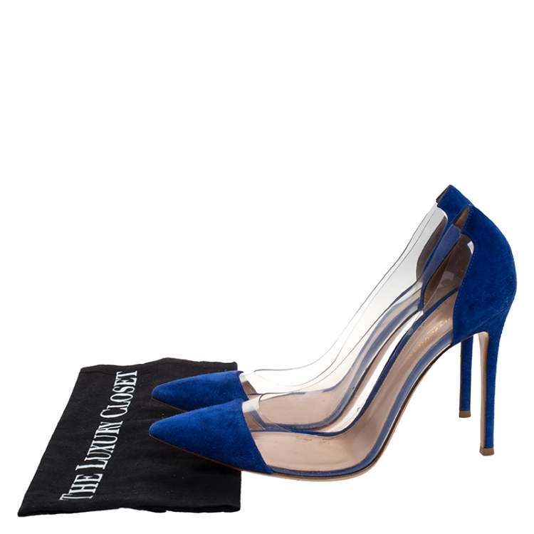 Pre Owned Gianvito Rossi Blue Suede And PVC Plexi Pointed Toe Pumps Size 41