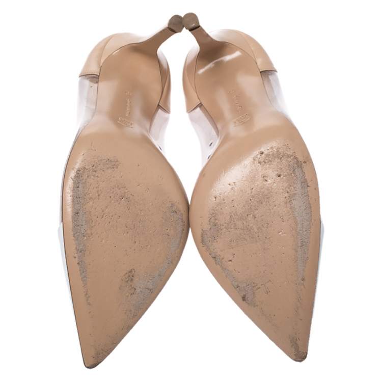 Pre Owned Gianvito Rossi White/Beige Leather And PVC Plexi Pointed Toe Pumps Size 38