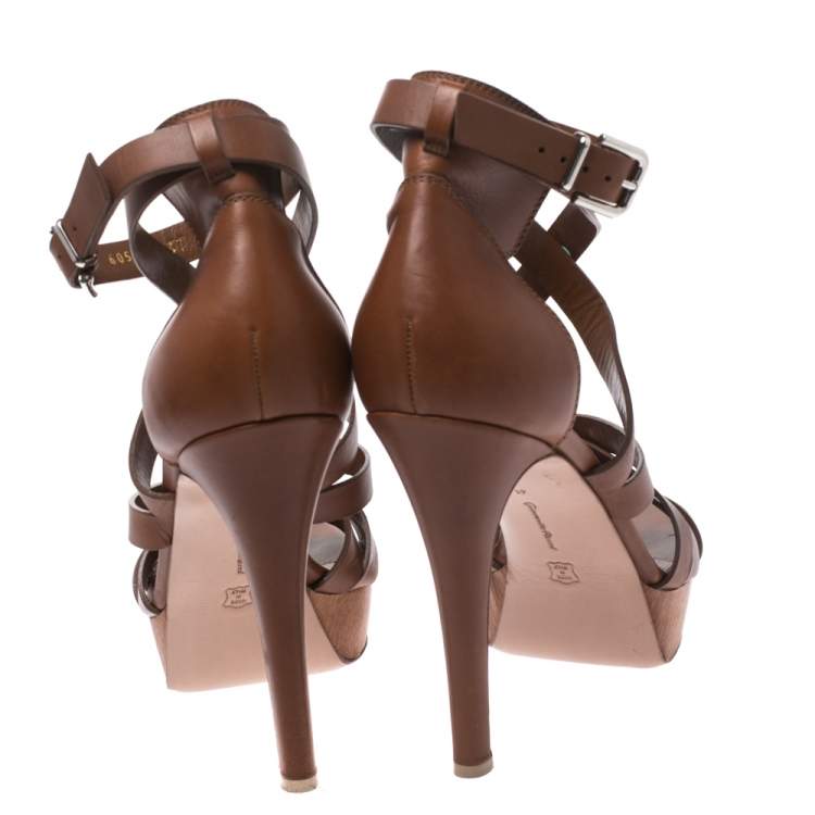 Pre Owned Gianvito Rossi Brown Leather Strappy Platform Ankle Strap Sandals Size 41