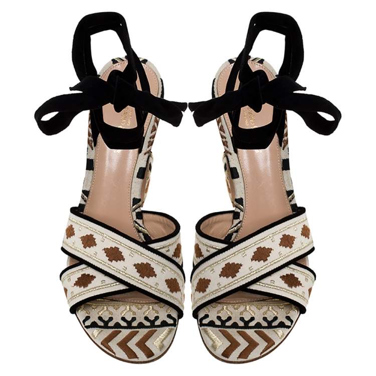 Pre Owned Gianvito Rossi Multicolor Embroidered Canvas And Suede Cheyenne Ankle Wrap Sandals 40