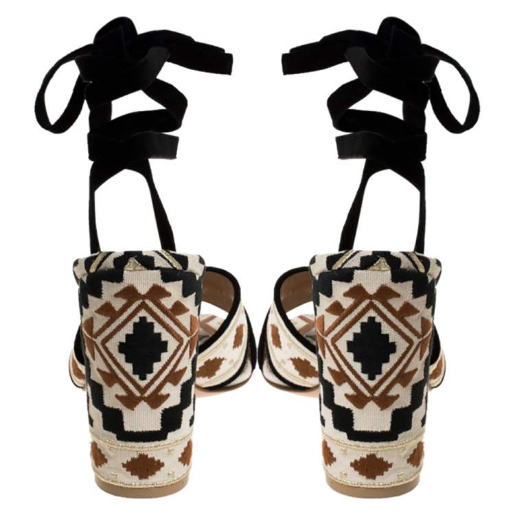 Pre Owned Gianvito Rossi Multicolor Embroidered Canvas And Suede Cheyenne Ankle Wrap Sandals 40