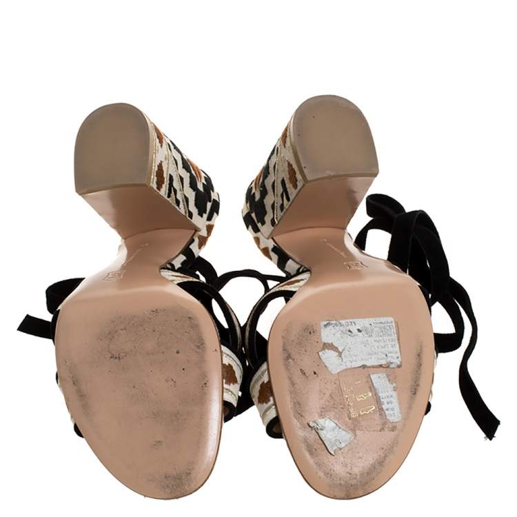 Pre Owned Gianvito Rossi Multicolor Embroidered Canvas And Suede Cheyenne Ankle Wrap Sandals 40