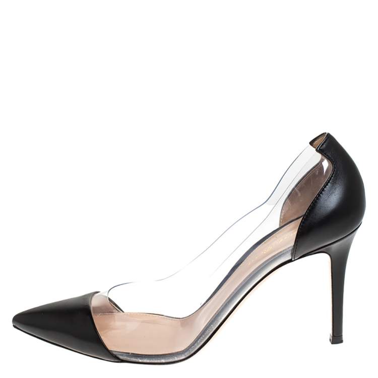 Pre Owned Gianvito Rossi Black Leather and PVC Plexi Pointed Toe Pumps Size 39.5