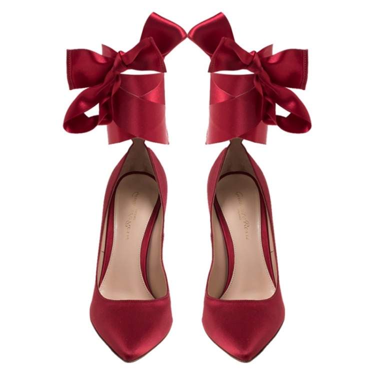 Pre Owned Gianvito Rossi Red Satin Gala Ankle Wrap Pumps Size 37