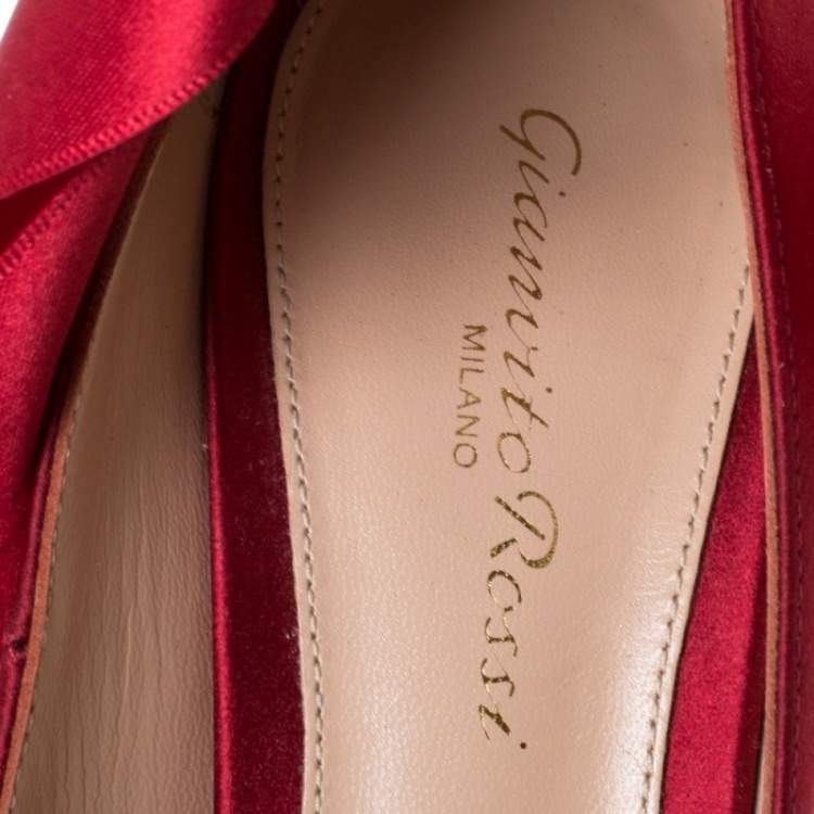 Pre Owned Gianvito Rossi Red Satin Gala Ankle Wrap Pumps Size 37