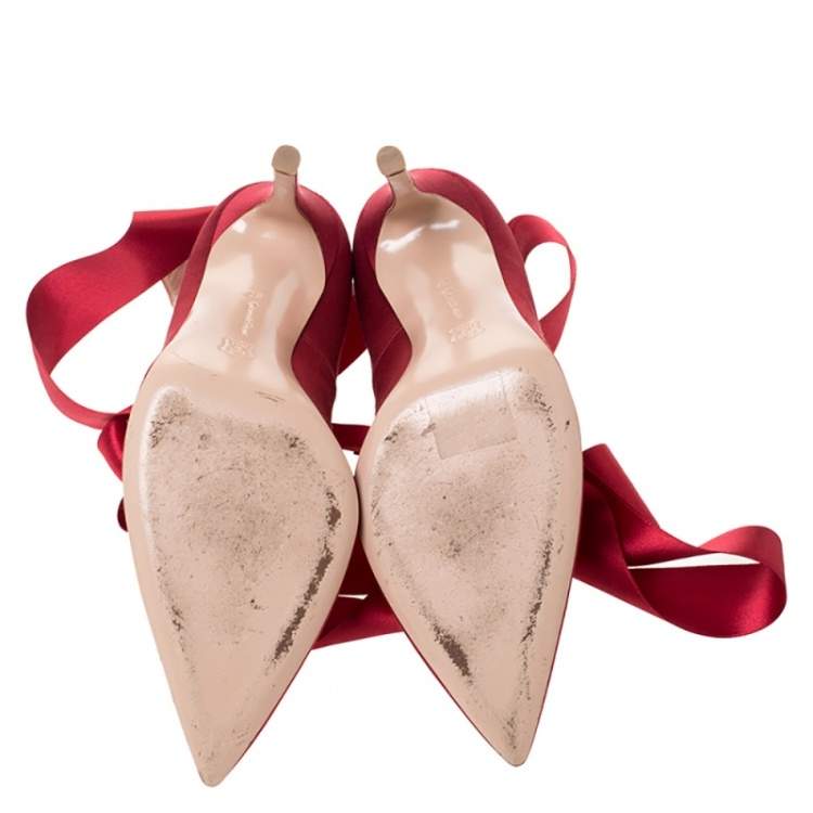 Pre Owned Gianvito Rossi Red Satin Gala Ankle Wrap Pumps Size 37