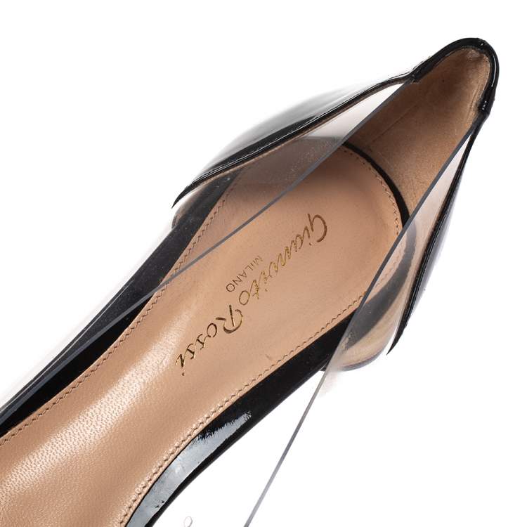 Pre Owned Gianvito Rossi Black/White Patent Leather and  PVC Plexi Pointed Toe Pump Size 38.5