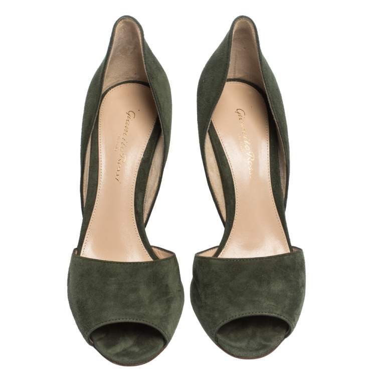 Pre Owned Gianvito Rossi Moose Green Suede Peep Toe D'orsay Pumps Size 37
