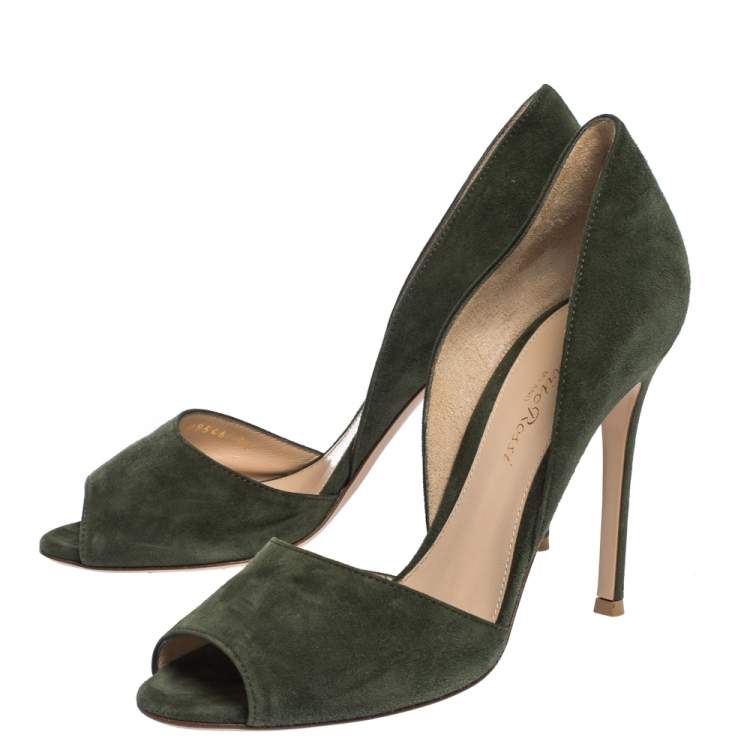 Pre Owned Gianvito Rossi Moose Green Suede Peep Toe D'orsay Pumps Size 37