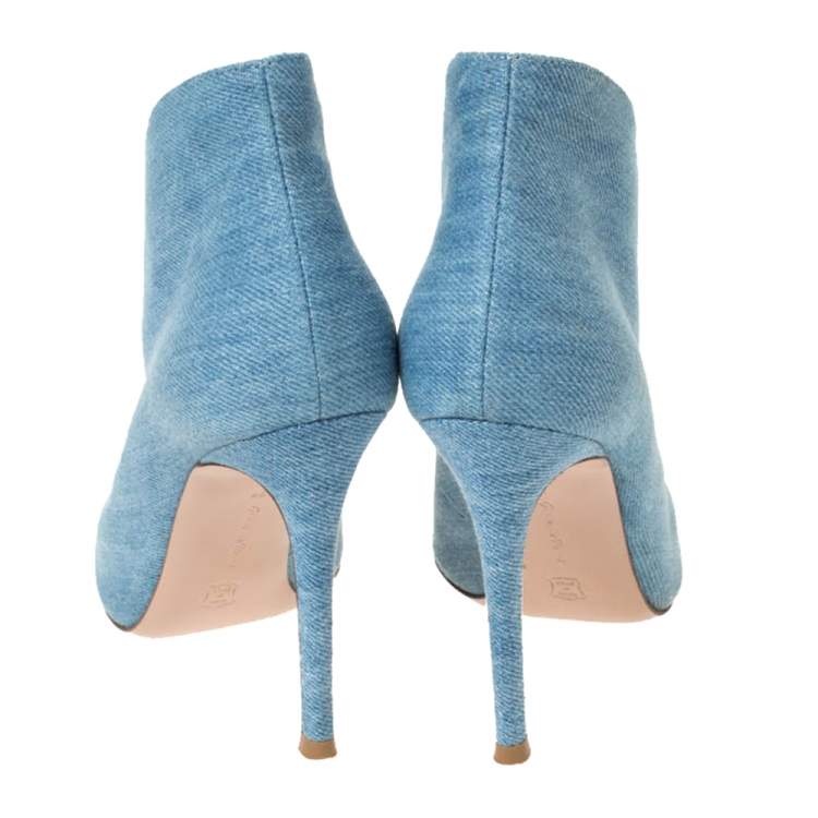 Pre Owned Gianvito Rossi Blue Denim V Neck Peep Toe Booties Size 36